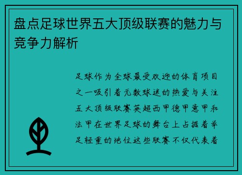 盘点足球世界五大顶级联赛的魅力与竞争力解析
