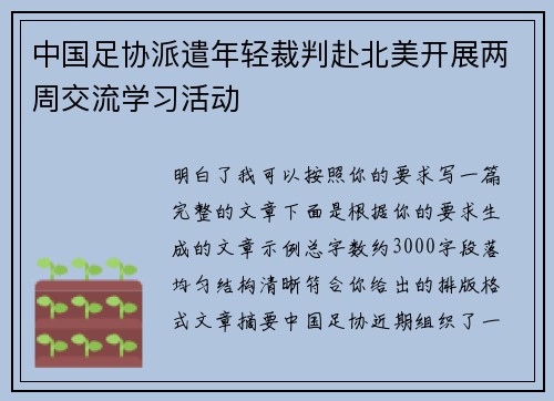 中国足协派遣年轻裁判赴北美开展两周交流学习活动