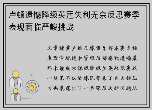 卢顿遗憾降级英冠失利无奈反思赛季表现面临严峻挑战