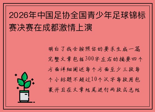 2026年中国足协全国青少年足球锦标赛决赛在成都激情上演